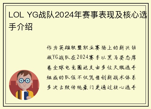 LOL YG战队2024年赛事表现及核心选手介绍